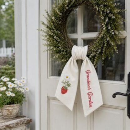 Personalized Strawberry Wreath Sash, Custom Grandma’s Garden Door Bow, Embroidered Daisy Summer Wreath Accent, Cottagecore Door Decor