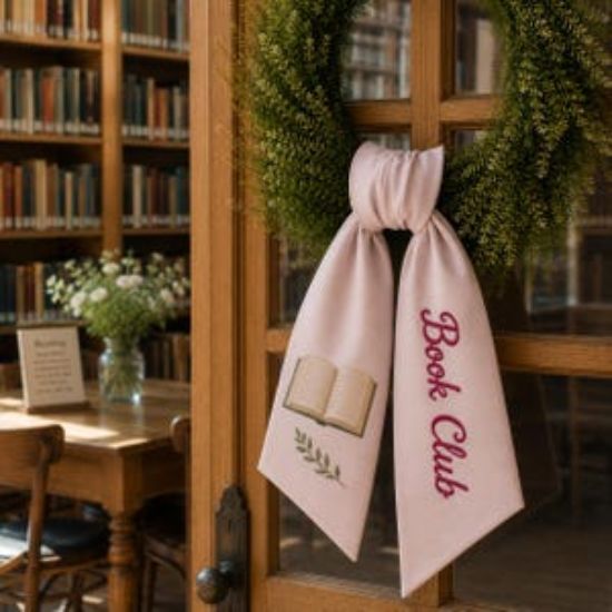 Personalized Book Club Wreath Sash, Custom Reading Club Door Bow, Embroidered Literary Wreath Accent, Book Lover Cottagecore Decor