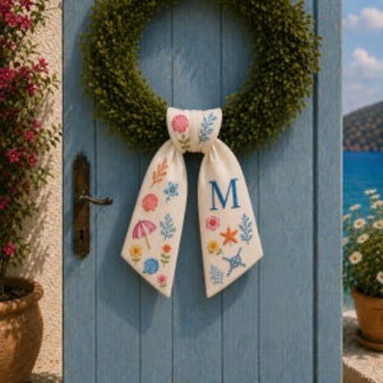 Personalized Coastal Wreath Sash Bow, Beach Door Hanger Decor, Summer Monogram Door Bow, Ocean Front Door Sash