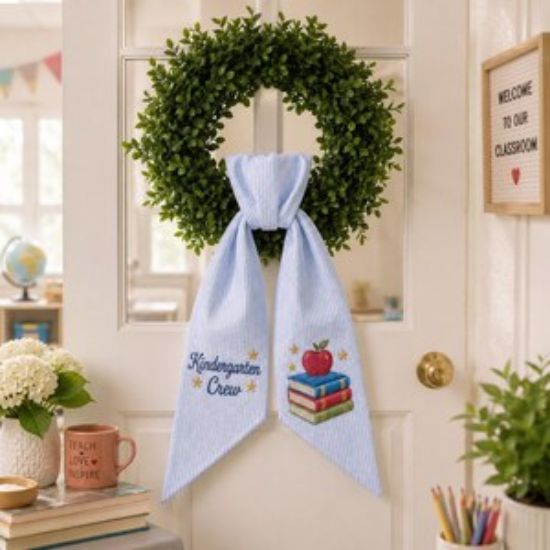 Kindergarten Wreath Sash, Embroidered School Door Bow, Teacher Classroom Decor, Back To School Wreath Sash