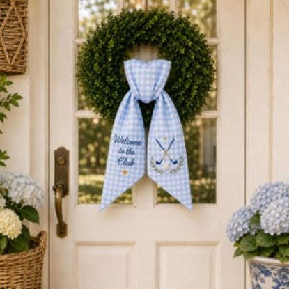 Embroidered Golf Wreath Sash, Blue Gingham Welcome Door Decor, Country Club Style