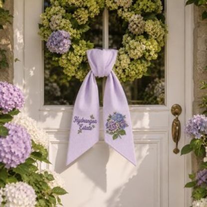 Hydrangea Wreath Sash, Embroidered Door Bow, Lavender Seersucker Wreath Decor, Floral Front Door Sash, Cottagecore Hydrangea Decor