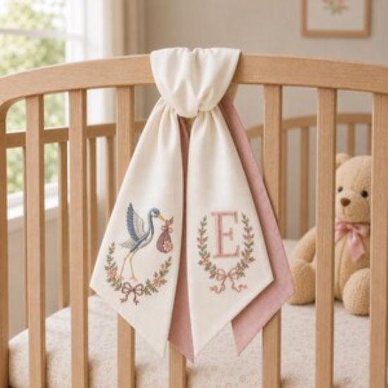 Personalized Baby Nursery Wreath Sash, Custom Baby Girl Door Sash, Stork Embroidered Nursery Decor, Pink Gingham Baby Shower Gift