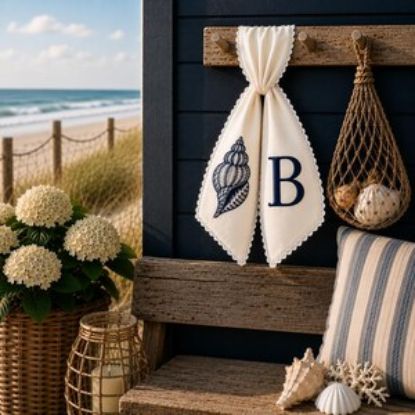 Coastal Wreath Sash, Embroidered Door Bow, Custom Monogram Wreath Decor, Beach House Front Door Sash, Seashell Wreath Bow, Summer Door Decor