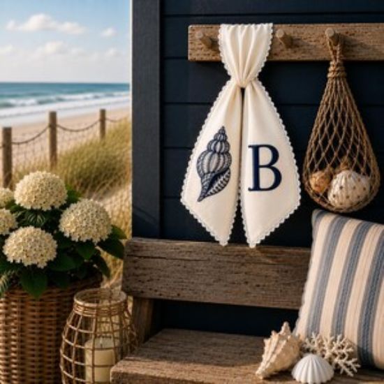 Coastal Wreath Sash, Embroidered Door Bow, Custom Monogram Wreath Decor, Beach House Front Door Sash, Seashell Wreath Bow, Summer Door Decor
