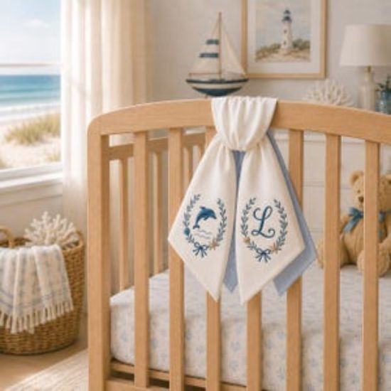 Personalized Coastal Baby Crib Sash, Custom Monogram Nursery Bow, Nautical Dolphin Baby Shower Gift, Beach Theme Nursery Decor