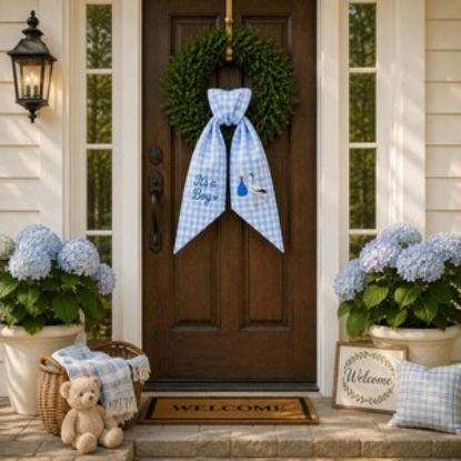Embroidered It's A Boy Wreath Sash, Blue Gingham Stork Baby Announcement Door Decor