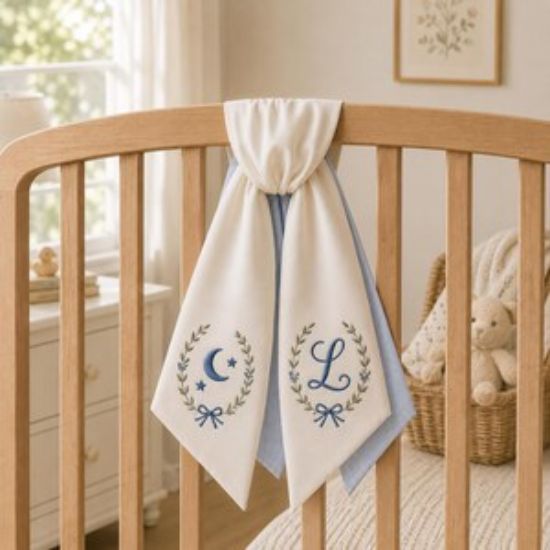 Personalized Baby Crib Sash Boy Nursery Decor, Custom Monogram Nursery Bow, Moon Star Baby Shower Gift, Blue Nursery Crib Bedding