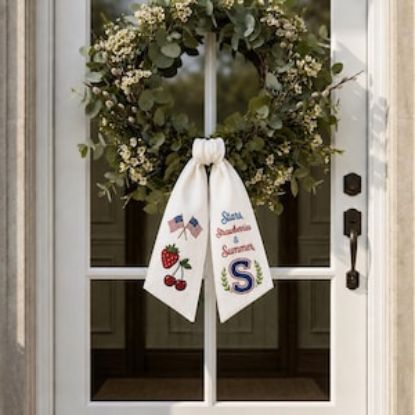 Embroidered Patriotic Wreath Sash, Personalized Summer Door Bow, 4th of July Decor