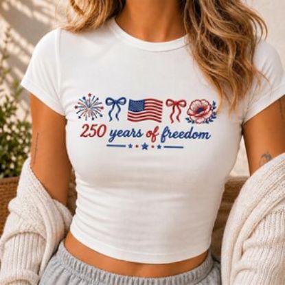 250 Years of Freedom Embroidered Baby Tee Tank Top, Patriotic USA Shirt, 4th July Women Top, America Birthday Tee, Independence Day Tank Top