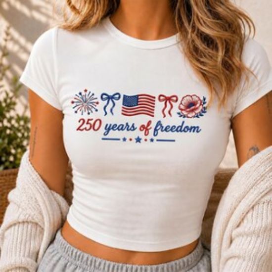 250 Years of Freedom Embroidered Baby Tee Tank Top, Patriotic USA Shirt, 4th July Women Top, America Birthday Tee, Independence Day Tank Top