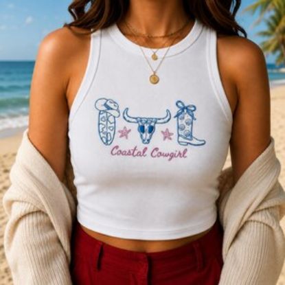 Coastal Cowgirl Embroidered Baby Tee Tank Top, Western Beach Cowgirl Shirt, Trendy Summer Women Top, Cute Country Coastal Aesthetic Tee