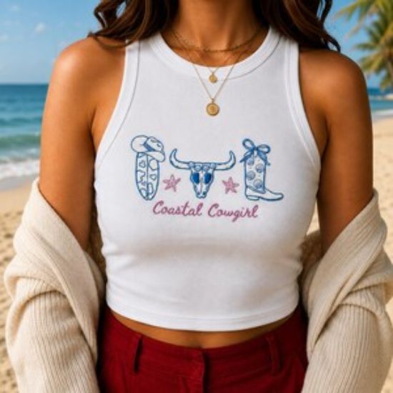 Coastal Cowgirl Embroidered Baby Tee Tank Top, Western Beach Cowgirl Shirt, Trendy Summer Women Top, Cute Country Coastal Aesthetic Tee