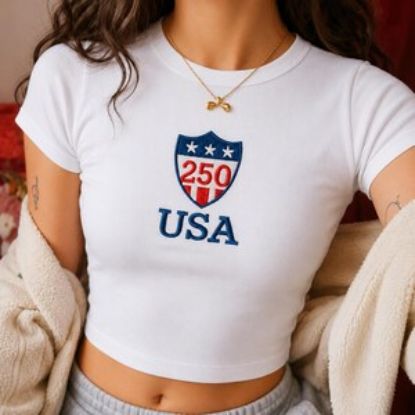 250 Years USA Embroidered Tank Top Baby Tee, Patriotic America Shirt, July 4th Women Outfit, Independence Day Party Apparel