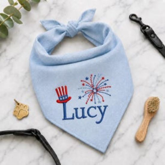 Personalized 4th July Pet Bandana, Custom Embroidered Dog Bandana with Name, 250 Patriotic Puppy Scarf, USA Independence Day Pet Accessories