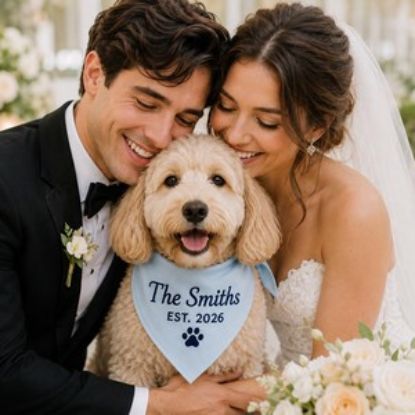 Custom Wedding Dog Bandana, Personalized Pet Bandana with Family Name, Embroidered Dog Scarf, Wedding Announcement Puppy Accessory Gift
