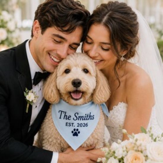Custom Wedding Dog Bandana, Personalized Pet Bandana with Family Name, Embroidered Dog Scarf, Wedding Announcement Puppy Accessory Gift