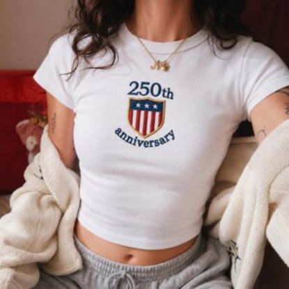 250th Anniversary Embroidered Baby Tee, Patriotic USA Shirt, America 250 Years Birthday Outfit, 4th of July Women Apparel Gift