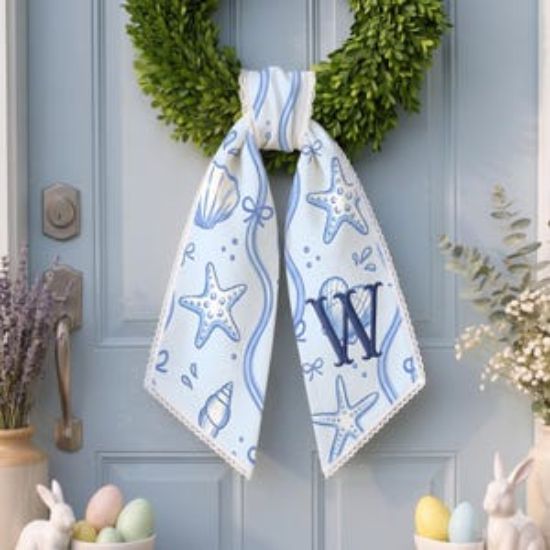 Embroidered Monogrammed Coastal Blue Seashell Wreath Sash, Personalized Beach House Front Door Decor, Sea Pattern Embroidered Sash