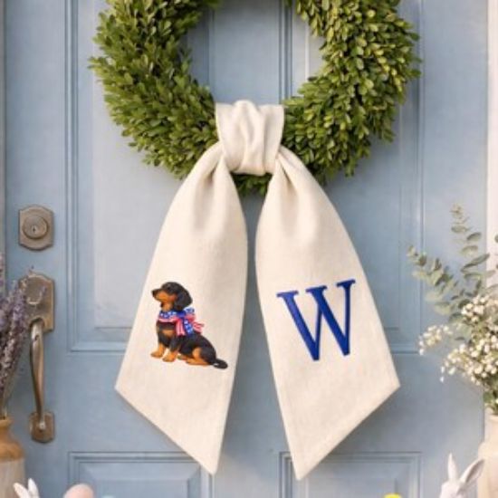Personalized Dog Monogram Embroidered Wreath Sash: Embroidered Dog, American Flag, Seersucker Door Decor, Dog Independence Day 250 Years