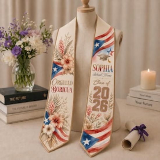 Personalized Puerto Rican Flag Graduation Stole Satin, Class of 2026 Sash, Custom Name Grad Stole, Hispanic Graduation Gift Graduation Stole