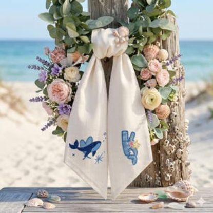 Personalized Whale Embroidered Wreath Sash, Coastal Beach Door Decor, Custom Monogram Ocean Sash, Nautical Summer Front Door Bow Decor