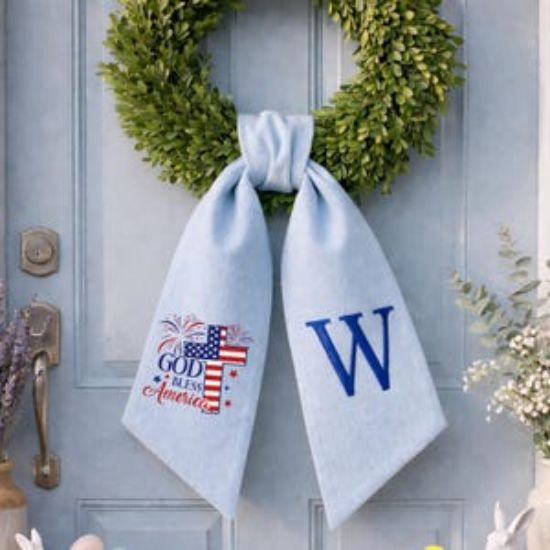 God Bless America Patriotic 1776 Embroidered Wreath Sash, Personalized USA 250 Monogrammed Gingham Bow, 4th of July Front Door Decor Christ
