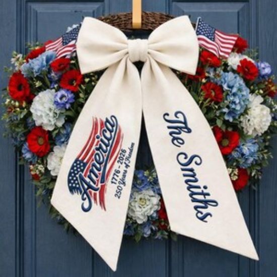 Personalized America 250 Wreath Sash, Custom Patriotic Bow, 1776–2026 Anniversary Decor, Independence Day Door Decoration