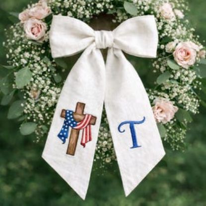 Personalized Embroidered Cross Wreath Sash, Patriotic Christian Door Bow, American Flag Cross Decor, Memorial Day, Custom Initial Faith Gift