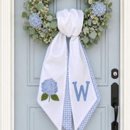 Summer Hydrangea Wreath Sash, Blue Floral Door Hanger Bow, Personalized Monogram Door Decor, Embroidered Summer Wreath Accent, Summer Sash