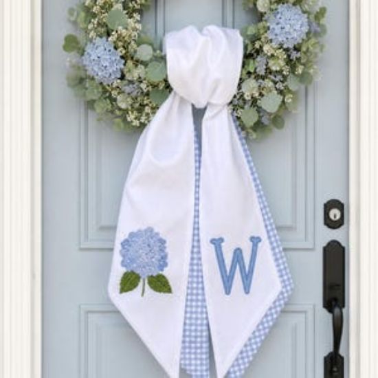 Summer Hydrangea Wreath Sash, Blue Floral Door Hanger Bow, Personalized Monogram Door Decor, Embroidered Summer Wreath Accent, Summer Sash