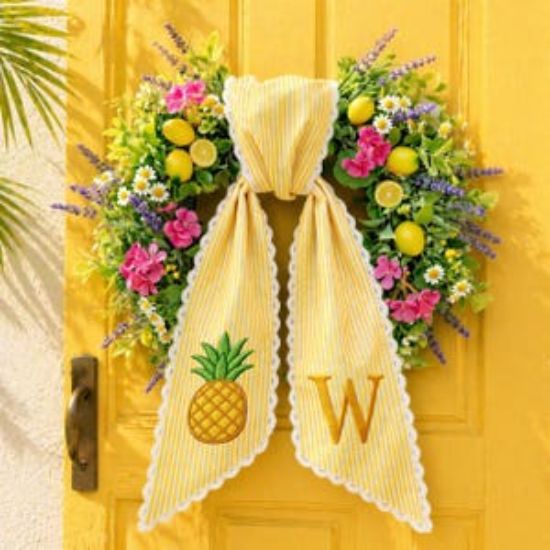Pineapple Wreath Sash with Scalloped Ricrac Edge, Embroidered Pineapple Door Bow, Front Porch Wreath Decor, Garden Summer Home Decor Gift
