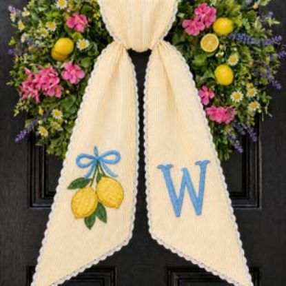 Personalized Embroidered Lemon Wreath Sash, Monogram Door Bow, Lemon Topiary Decor, Chinoiserie Front Door Decor, Summer Citrus Home Accent