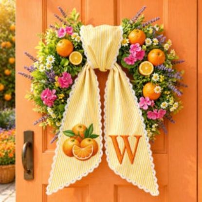 Orange Wreath Sash with Scalloped Lace Edge, Embroidered Orange Door Bow, Summer Front Door Decor, Personalized Initial Sash Gift