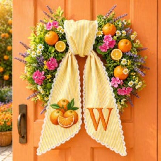 Orange Wreath Sash with Scalloped Lace Edge, Embroidered Orange Door Bow, Summer Front Door Decor, Personalized Initial Sash Gift