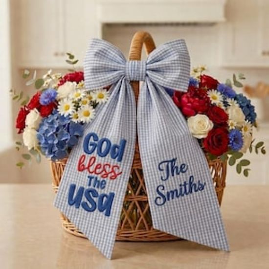 Personalized God Bless America Wreath Sash, Custom Family Name Bow, 4th of July Door Decor, Embroidered Independence Day Ribbon