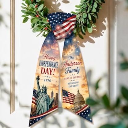 Custom 4th of July Wreath Sash, Personalized Independence Day Door Bow, Patriotic Family Name Front Door Decor, Personalized Patriotic Sash