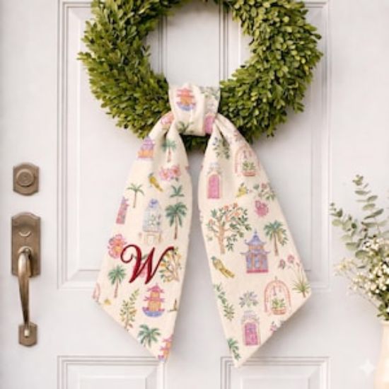 Personalized Chinoiserie Garden Sash Wreath, Seamless Asian Floral Pattern Door Sash, Custom Name Wreath Bow, Colorful Front Door Decor