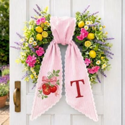 Tomato Wreath Sash with Scalloped Ricrac Edge, Embroidered Tomato Door Bow, Front Porch Wreath Decor, Garden Lover Home Decor Gift Tomato