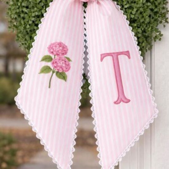 Pink Hydrangea Wreath Sash with Scalloped Ricrac Edge, Embroidered Door Decor, Front Porch Wreath Bow, Hydrangea Home Decor Gift Flower