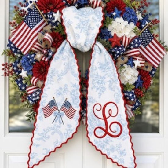Custom Patriotic Embroidered Wreath Sash, 4th of July Door Bow, Personalized Monogram Americana Decor, Personalized Independence Day Sash