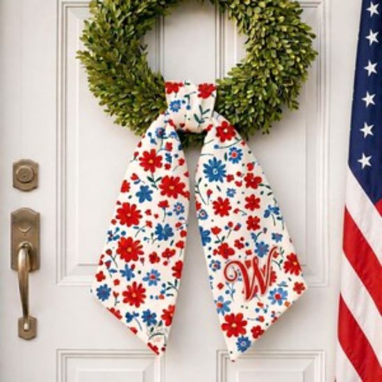 Personalized America Floral Wreath Sash, Patriotic Front Door Decor, 4th July Door Bow, Red White Blue Wreath Accent, Embroidered 250 Years