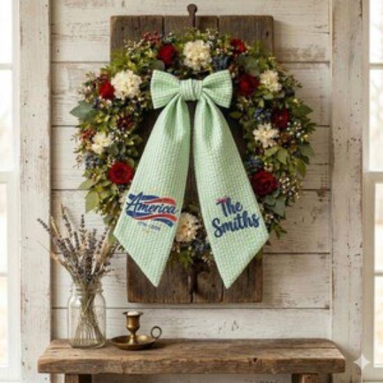 Personalized Embroidered America 250 Wreath Sash, Custom Family Name Bow, USA 1776–2026 Decor, Fourth of July Patriotic Farmhouse Door Decor