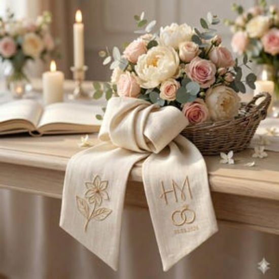 Embroidered Wedding Initials Sash, Personalized Bridal Sash with Date, Linen Wedding Keepsake, Elegant Wedding Gift, Bride Decor Gift Sash