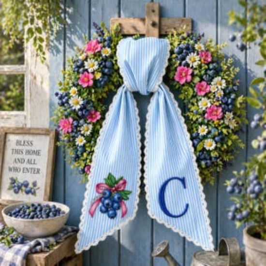Blueberries Wreath Sash with Scalloped Ricrac Edge, Embroidered Blueberries Door Bow, Front Porch Wreath Decor,Garden Summer Home Decor Gift