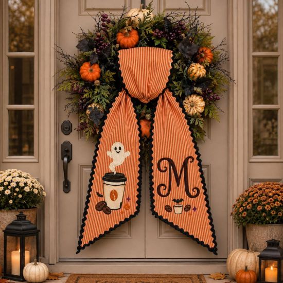Personalized Halloween Coffee Shop Wreath Sash, Ghost Coffee Cup Door Bow, Custom Monogram Wreath Ribbon, Embroidered Fall Front Door Decor