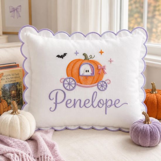 Personalized Halloween Ghost Pillow, Custom Embroidered Pumpkin Carriage Pillow, Cute Spooky Kids Decor, Boo Basket Gift, Name Cushion