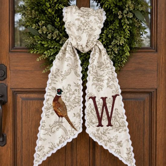 Personalized Pheasant Wreath Sash, Neutral Toile Monogram Sash, Custom Hunting Fall Wreath Bow, Thanksgiving Hostess Gift, Harvest Decor