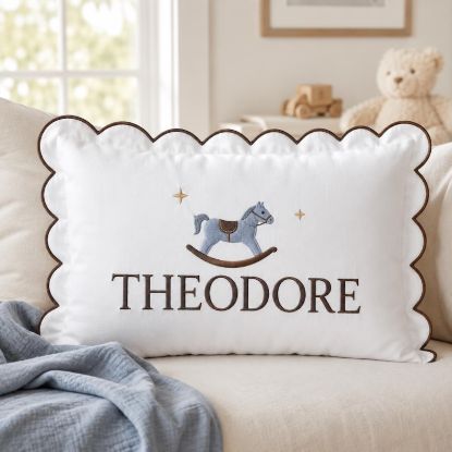 Personalized Baby Name Pillow, Custom Embroidered Rocking Horse Pillow, Baby Boy Nursery Decor, Newborn Gift, Baby Shower Keepsake Cushion