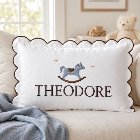 Personalized Baby Name Pillow, Custom Embroidered Rocking Horse Pillow, Baby Boy Nursery Decor, Newborn Gift, Baby Shower Keepsake Cushion